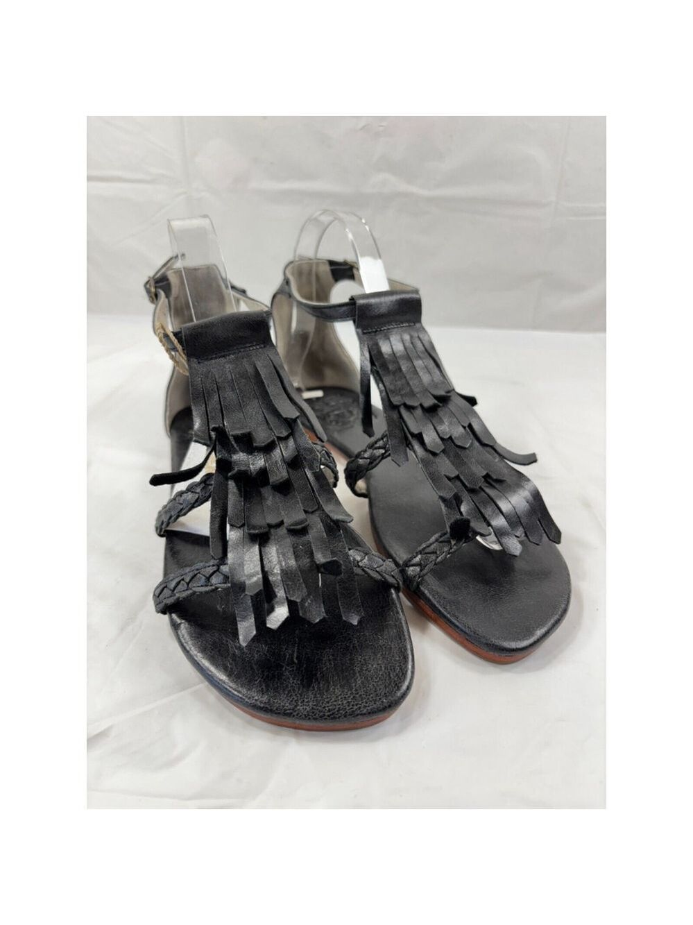 Elf Summer lush Black Leather Gladiator Fringe Sandal Women's Size 7.5